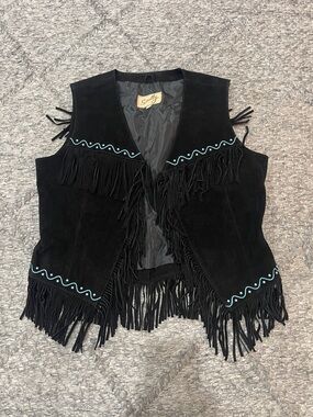 Scully Black Suede Fringe Vest with Teal Trim